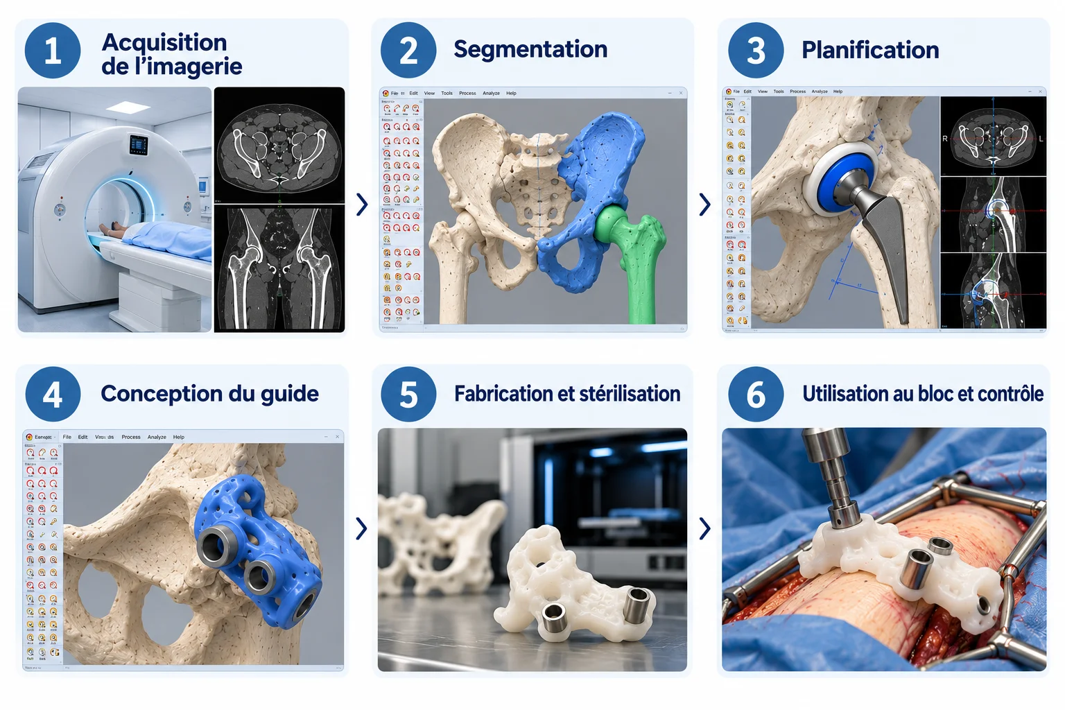 Workflow en six étapes, du scanner au guide chirurgical de hanche : acquisition de l'imagerie, segmentation, planification, conception du guide, fabrication et stérilisation, utilisation au bloc et contrôle