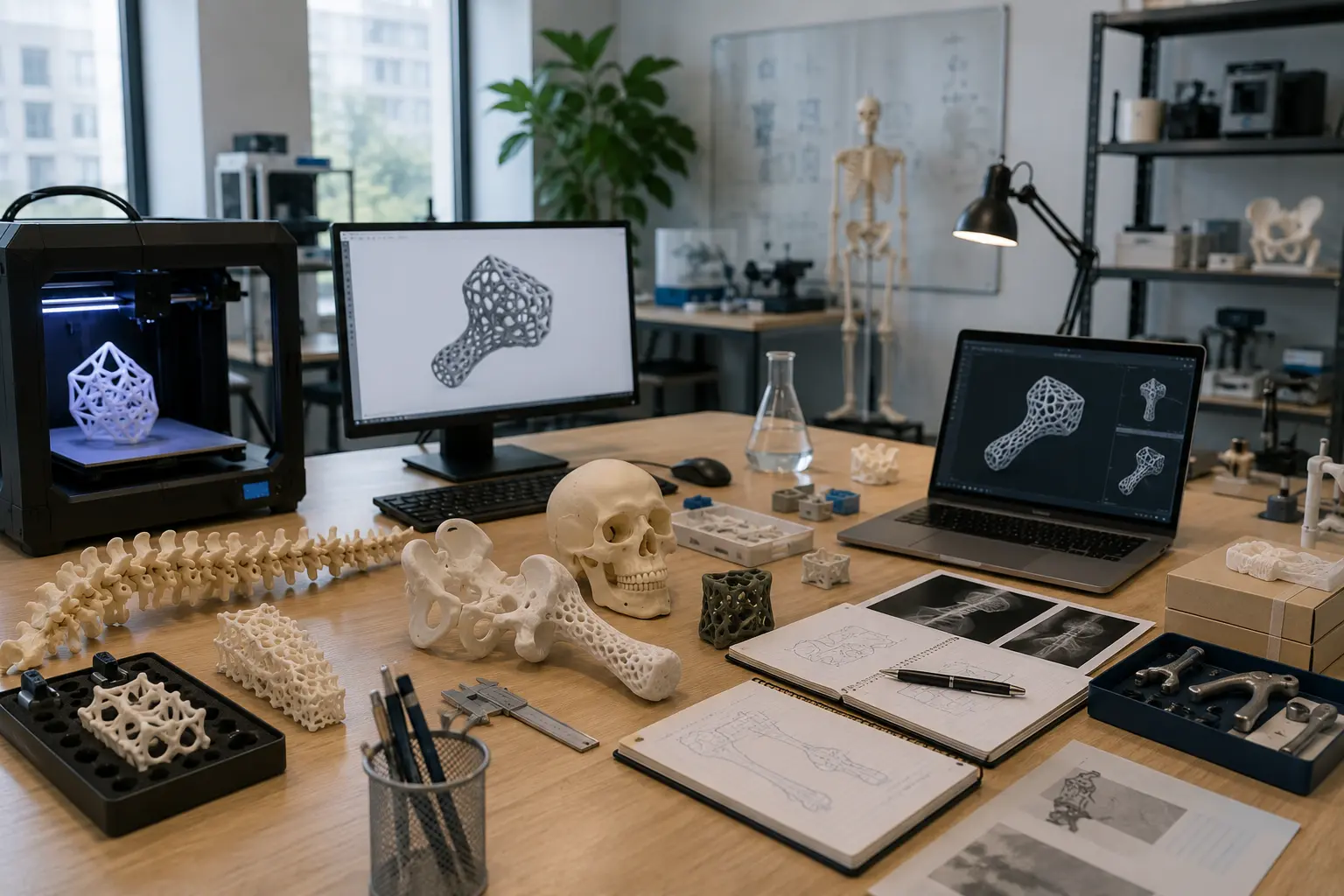 Atelier de recherche universitaire avec imprimante 3D, modèles anatomiques et logiciels de conception utilisés pour la recherche et la formation en santé.