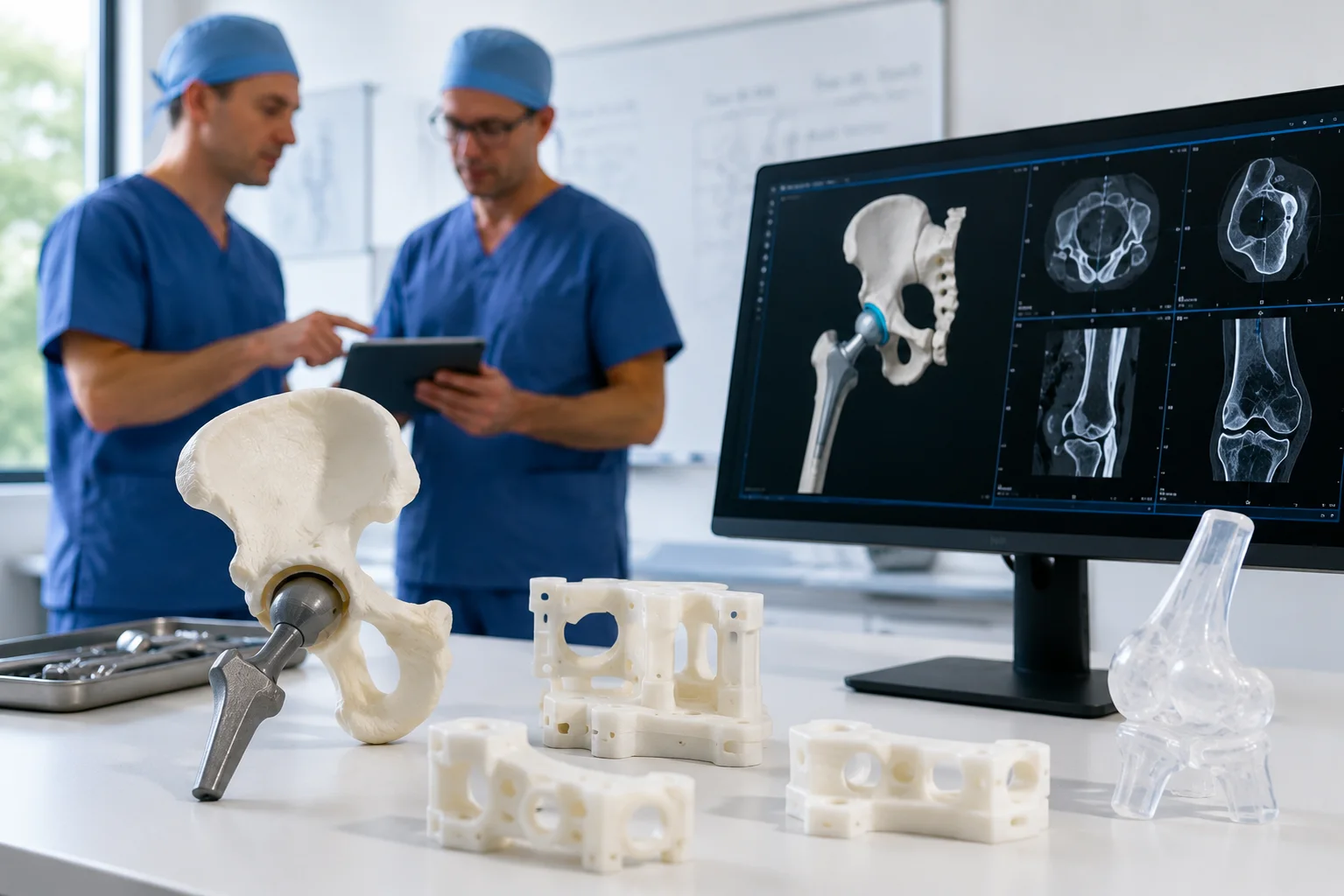 Chirurgiens préparant une intervention orthopédique à l'aide de modèles anatomiques et de guides chirurgicaux imprimés en 3D afin d'améliorer la précision opératoire.