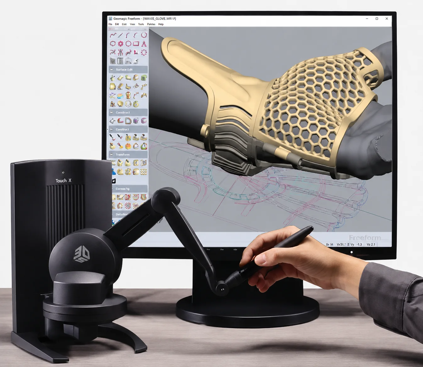 Dispositif haptique Touch X utilisé pour la conception 3D d'une orthèse médico-chirurgicale personnalisée sur un logiciel de CAO.