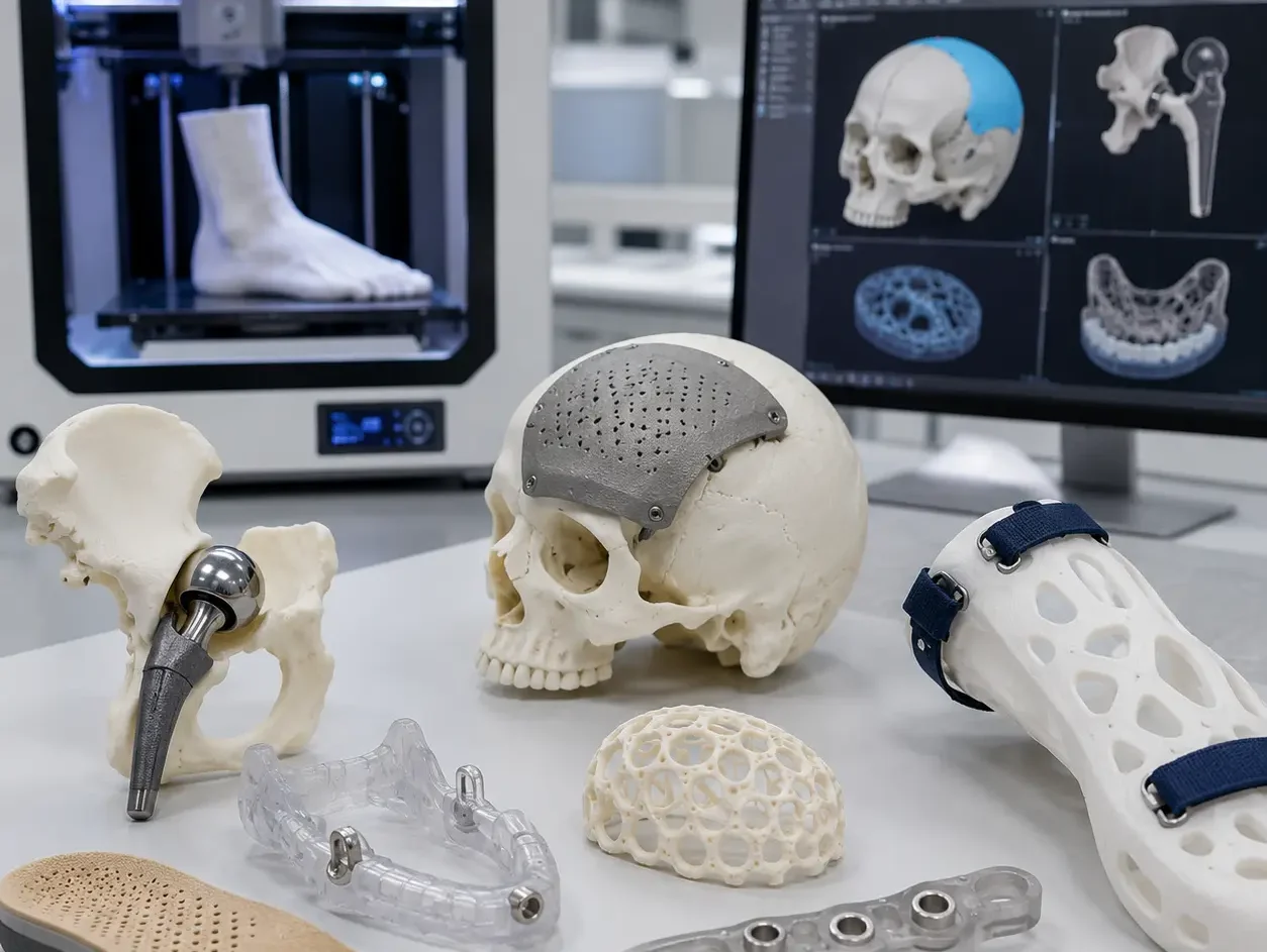 Présentation de différents dispositifs médicaux prototypés en impression 3D, incluant une prothèse, une orthèse, un implant, un guide chirurgical et des modèles anatomiques dans un laboratoire biomédical.