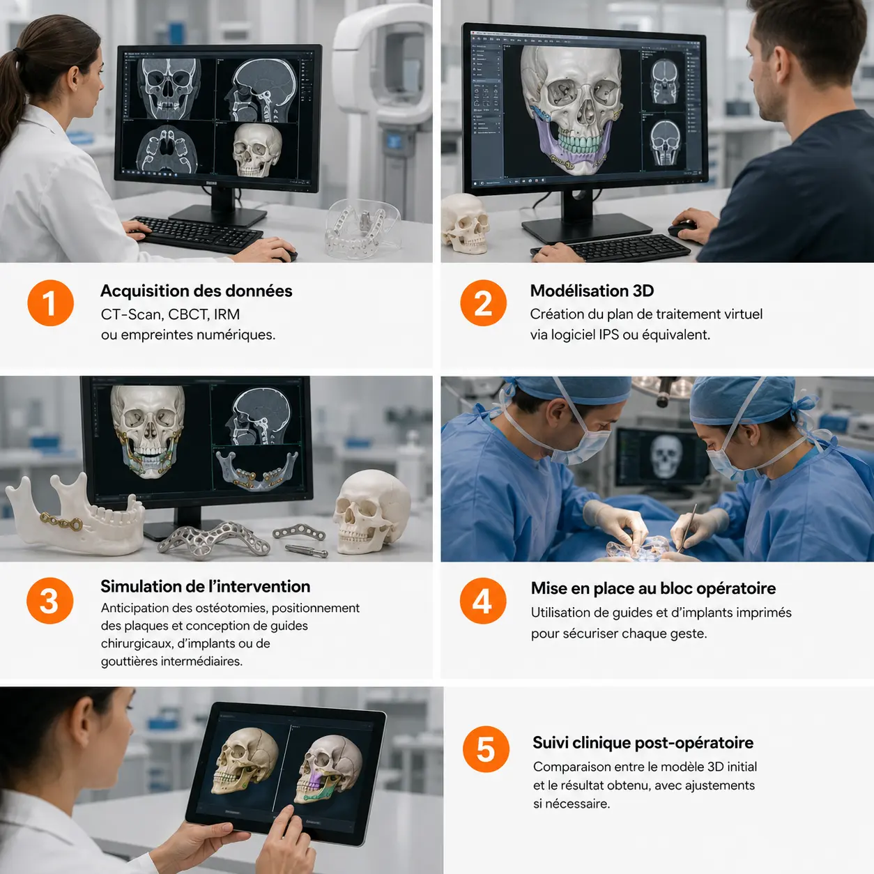 Infographie présentant les cinq étapes d’une chirurgie maxillo-faciale assistée par la 3D : acquisition des données médicales, modélisation 3D, simulation préopératoire, intervention avec guides chirurgicaux personnalisés et suivi clinique post-opératoire.