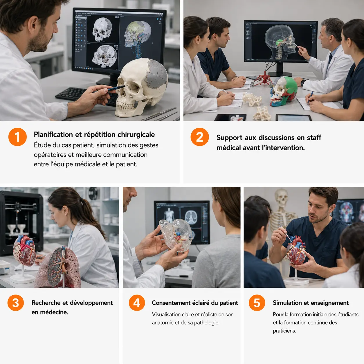 Infographie illustrant les cinq étapes d’utilisation d’un modèle anatomique 3D personnalisé : planification chirurgicale, staff médical, recherche et développement, consentement du patient et formation médicale.
