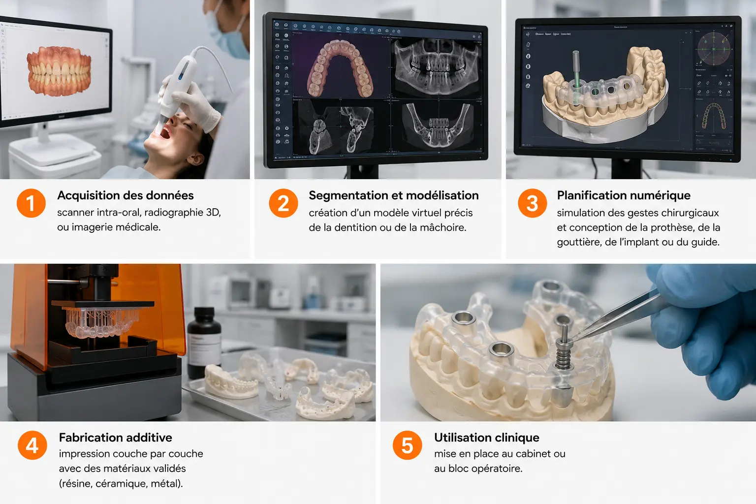 Infographie illustrant les cinq étapes de l’impression 3D en dentisterie : acquisition des données, modélisation numérique, planification chirurgicale, fabrication additive et utilisation clinique des dispositifs dentaires personnalisés.