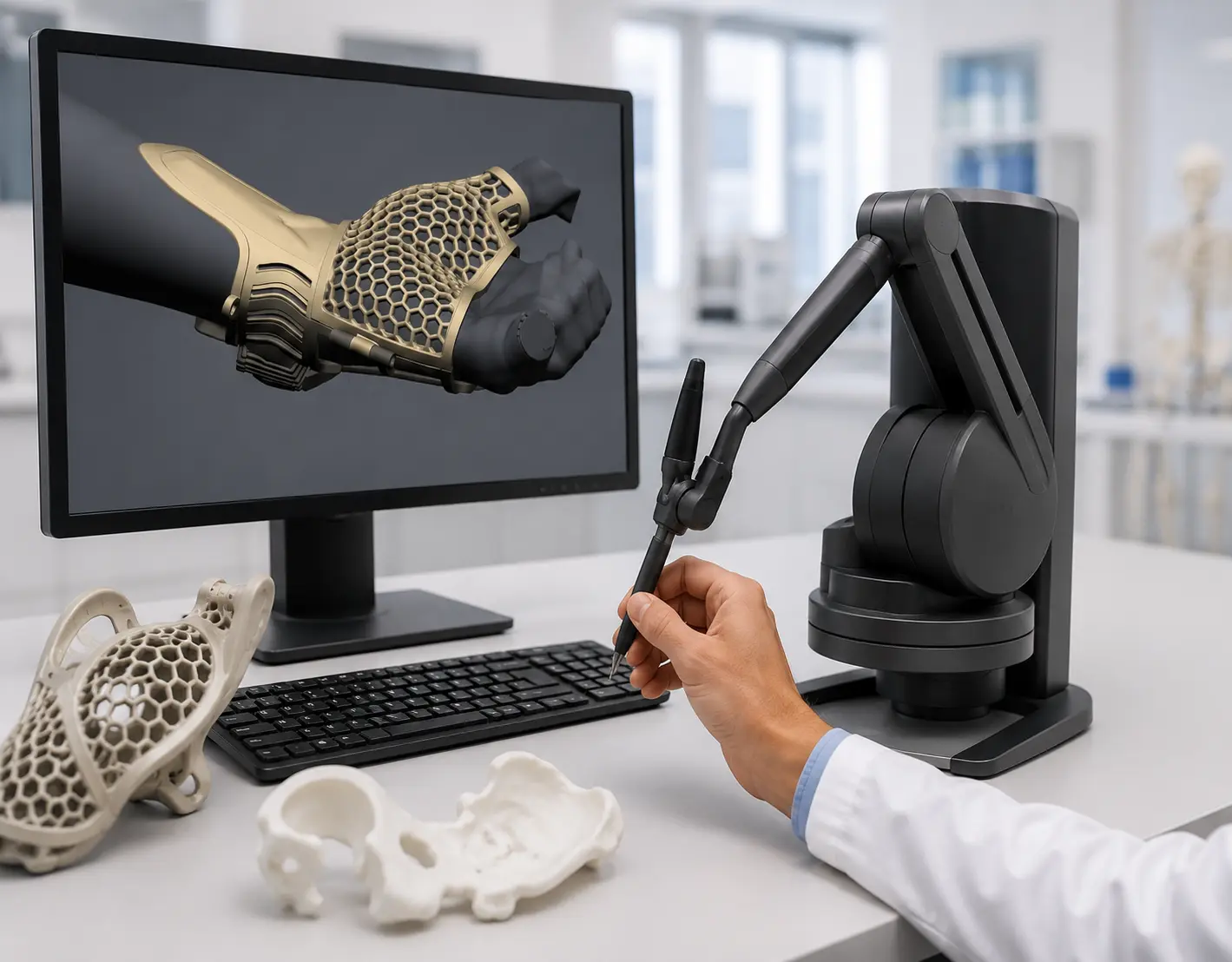 Professionnel utilisant le Geomagic Touch X pour la modélisation 3D d'une orthèse médicale avec retour haptique et logiciel de conception assistée par ordinateur.
