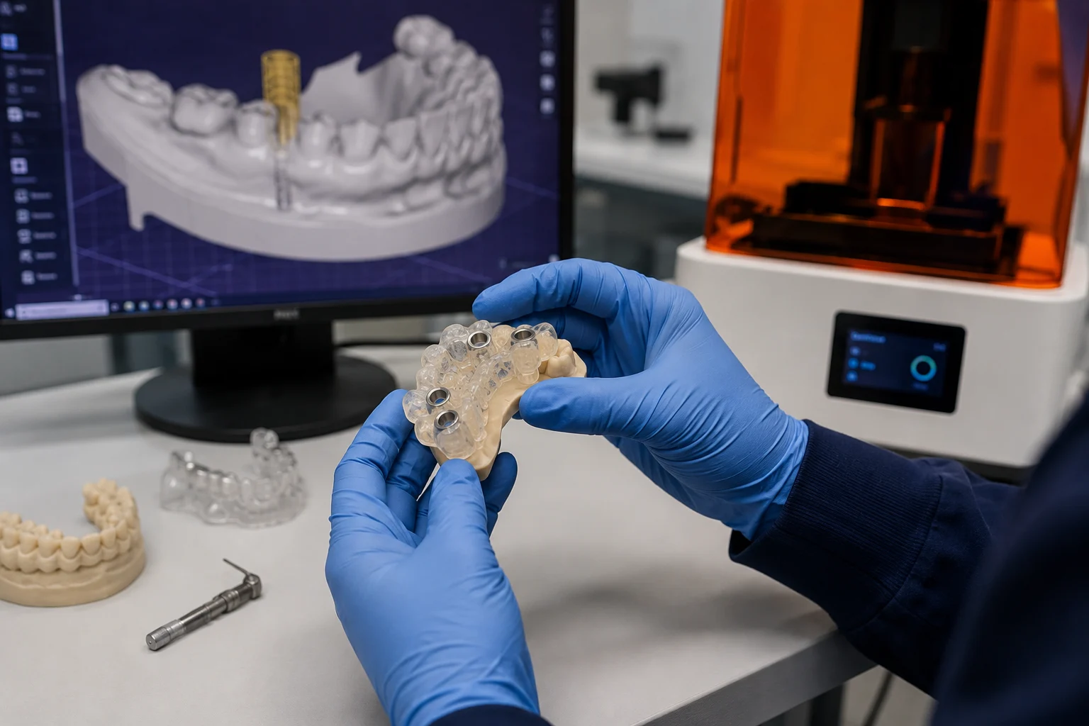 Guide chirurgical imprimé en 3D pour une intervention en chirurgie dentaire, avec modélisation numérique de la mâchoire et imprimante 3D médicale en arrière-plan.
