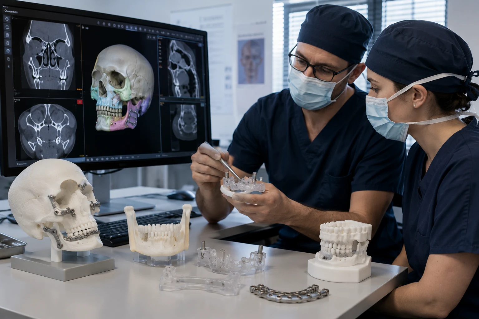 Chirurgiens préparant une intervention de chirurgie maxillo-faciale à l'aide d'un modèle anatomique du crâne, de guides chirurgicaux imprimés en 3D et d'une planification numérique.