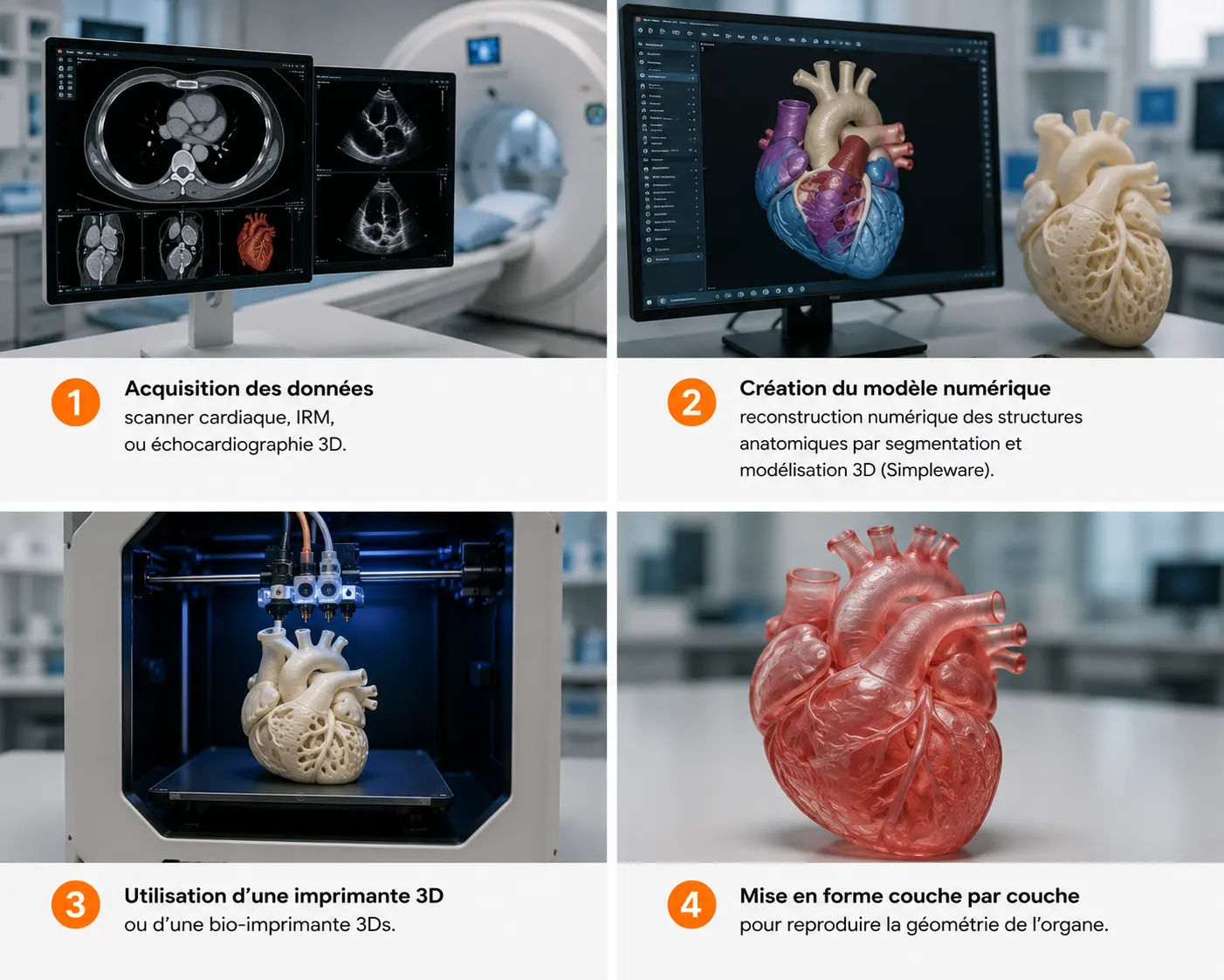 Infographie présentant les quatre étapes de l’impression 3D d’un cœur : acquisition des données médicales, modélisation numérique, impression 3D du modèle cardiaque et fabrication couche par couche de la réplique anatomique.