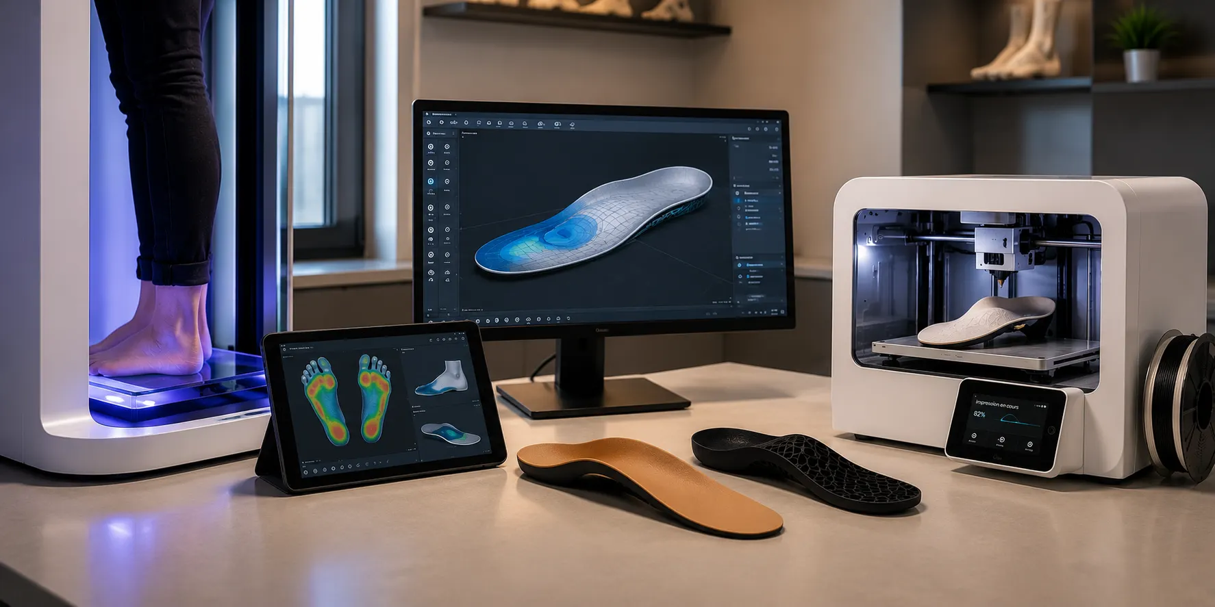 Scanner 3D du pied, modélisation numérique et impression 3D de semelles orthopédiques personnalisées dans un laboratoire de podologie.