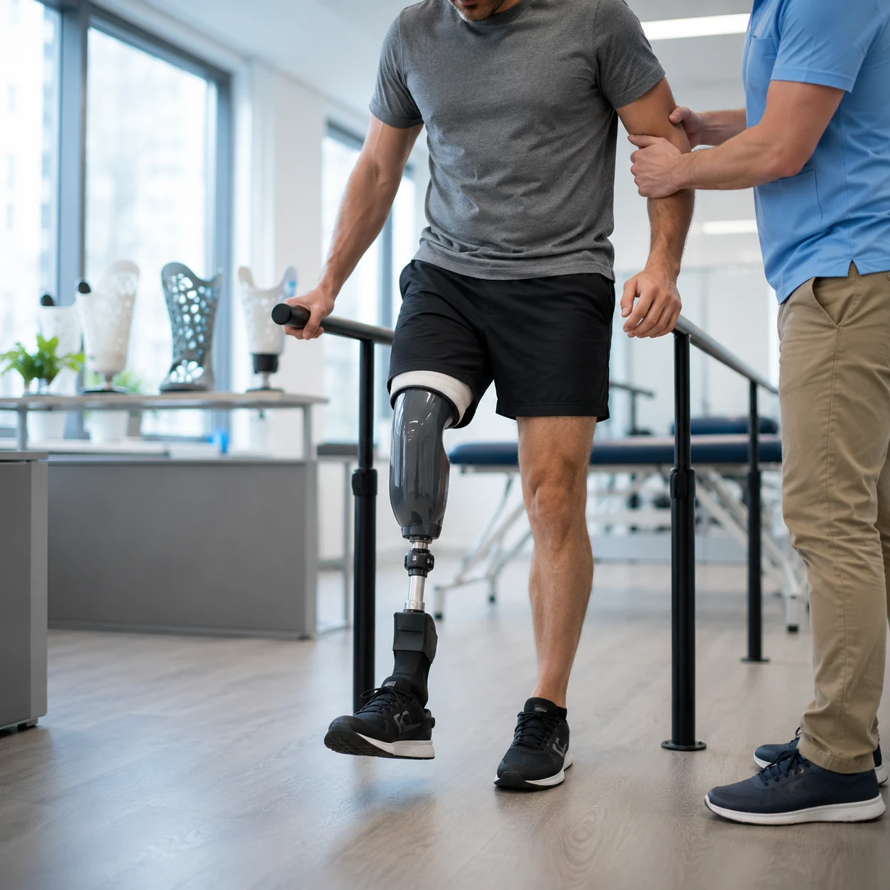 Patient amputé en rééducation avec une prothèse de jambe personnalisée, illustrant les bénéfices de l’impression 3D pour le confort, l’ajustement et la récupération fonctionnelle.