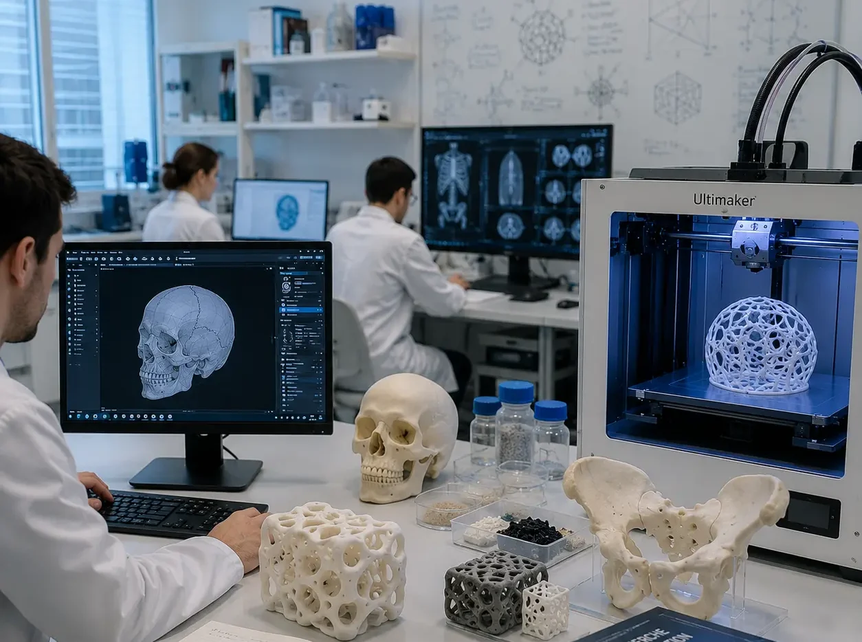 Chercheurs utilisant des logiciels de modélisation 3D, une imprimante 3D et des modèles anatomiques pour la recherche médicale et le développement de dispositifs médicaux.