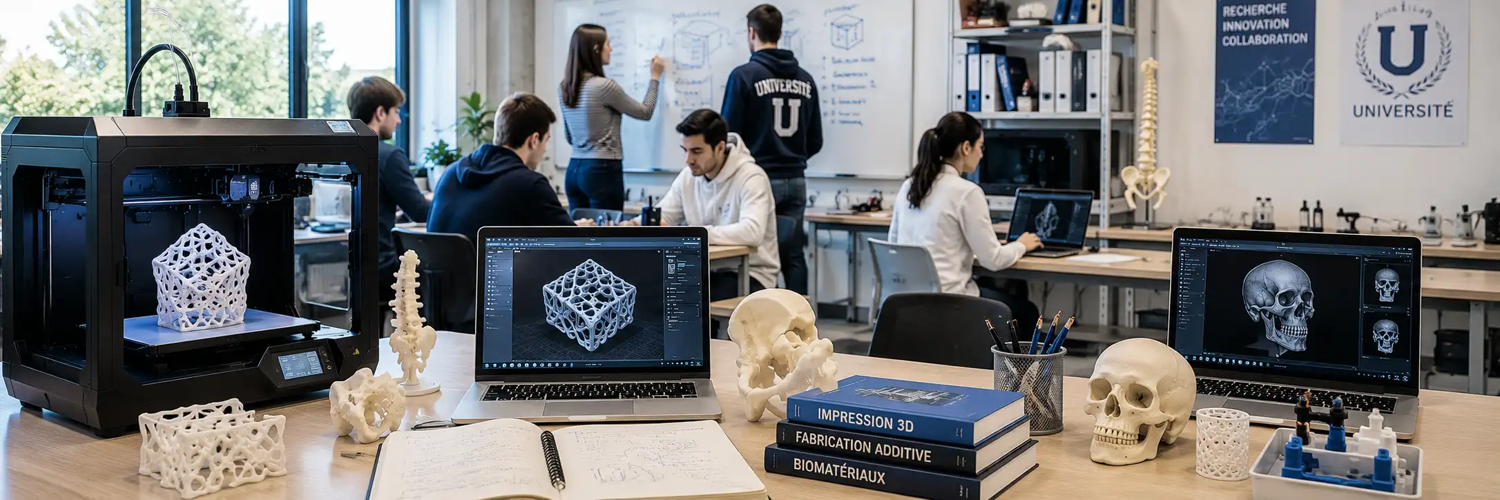 Laboratoire universitaire équipé d’imprimantes 3D, de logiciels de modélisation et de modèles anatomiques utilisés pour la recherche, l’enseignement et la fabrication additive en santé.