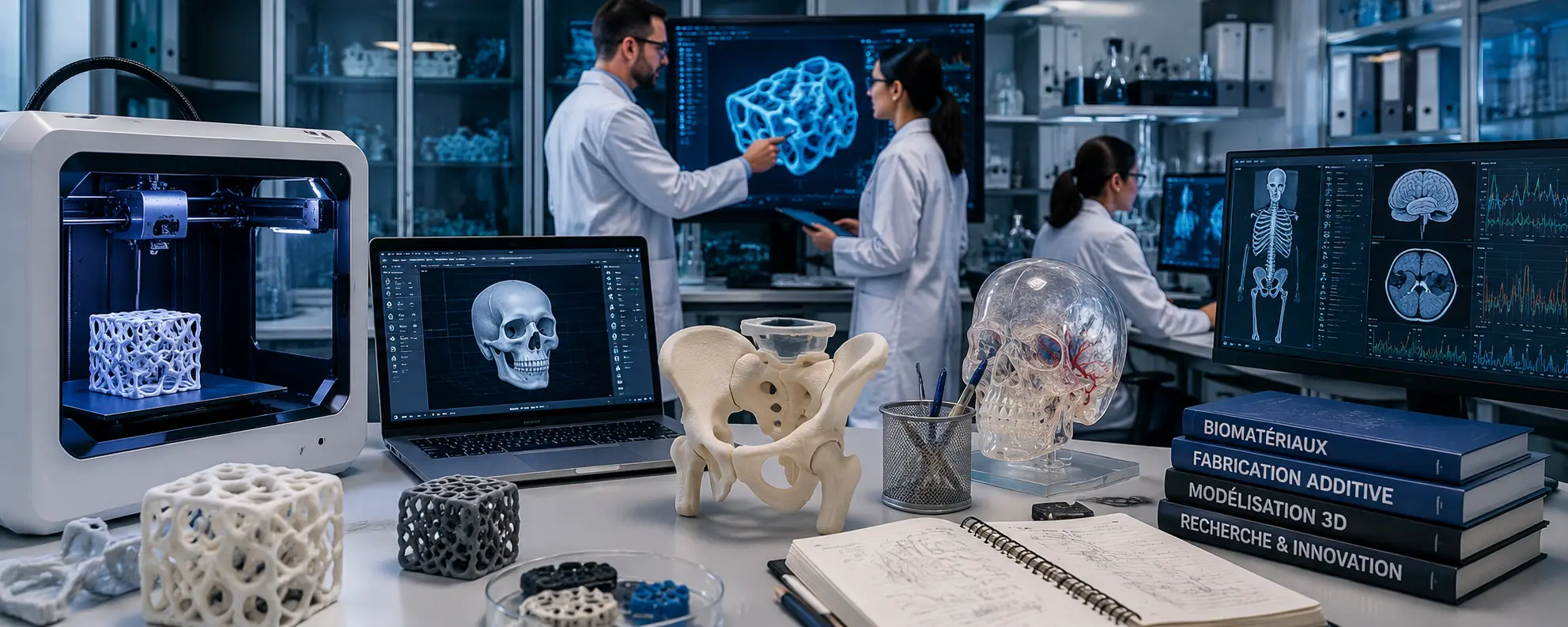 Chercheurs utilisant des logiciels de modélisation 3D, des imprimantes 3D et des modèles anatomiques dans un laboratoire de recherche médicale.