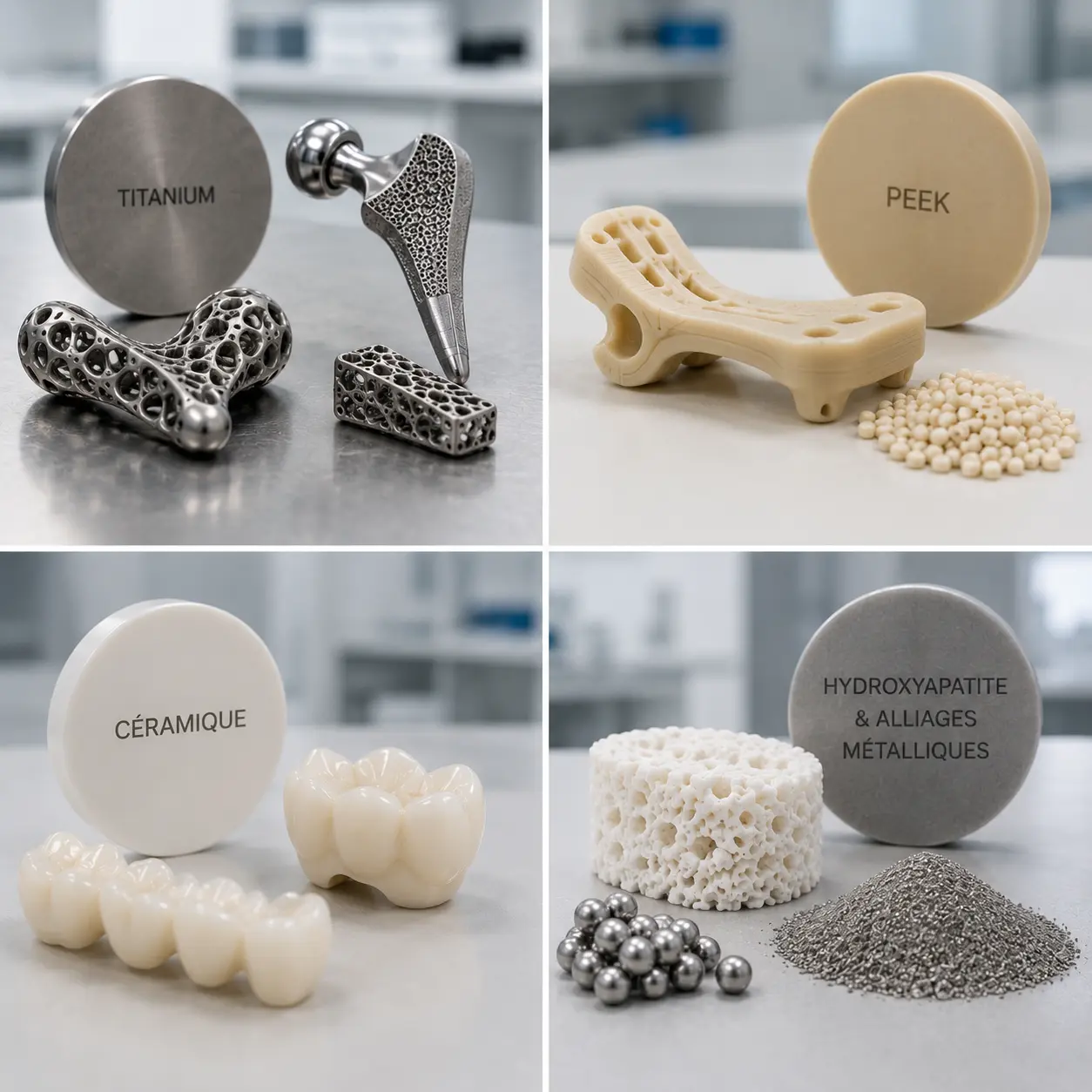 Présentation des principaux matériaux utilisés pour la fabrication d’implants 3D médicaux : titane, PEEK, céramique et biomatériaux destinés aux applications chirurgicales et dentaires.