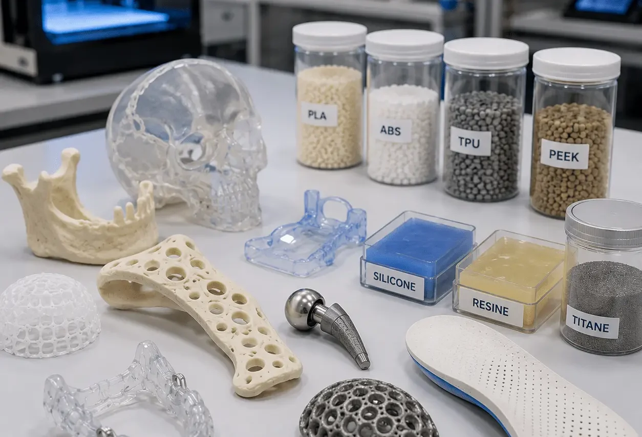 Échantillons de matériaux utilisés pour le prototypage médical 3D, incluant des polymères techniques, des résines, du silicone, du titane et des prototypes de dispositifs médicaux dans un laboratoire.