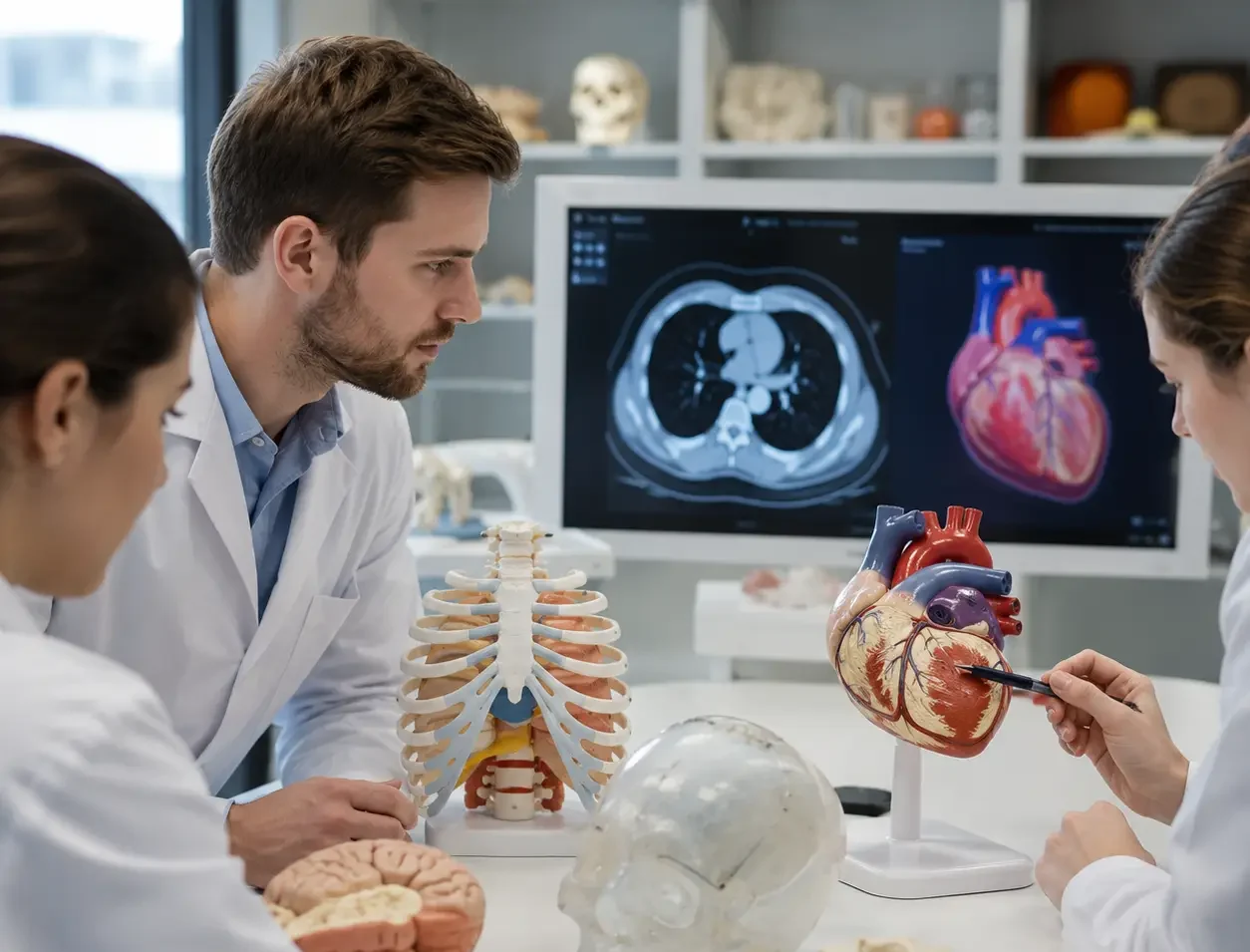 Étudiants en médecine utilisant des modèles anatomiques imprimés en 3D pour l’apprentissage pratique et la simulation médicale en salle de formation.