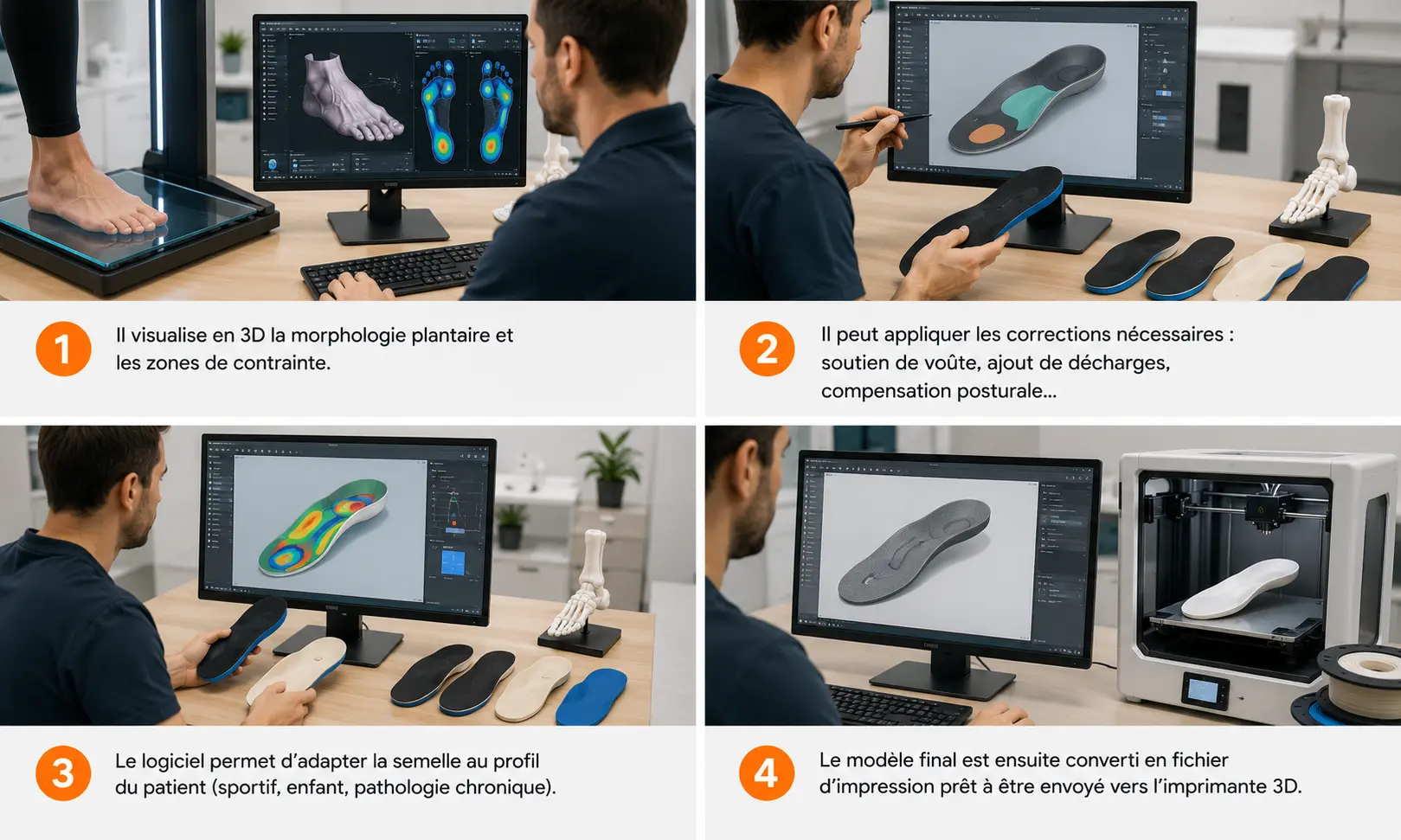 Étapes de modélisation 3D de semelles orthopédiques : analyse de la morphologie du pied, corrections podologiques, personnalisation de la semelle et préparation du fichier pour l’impression 3D.