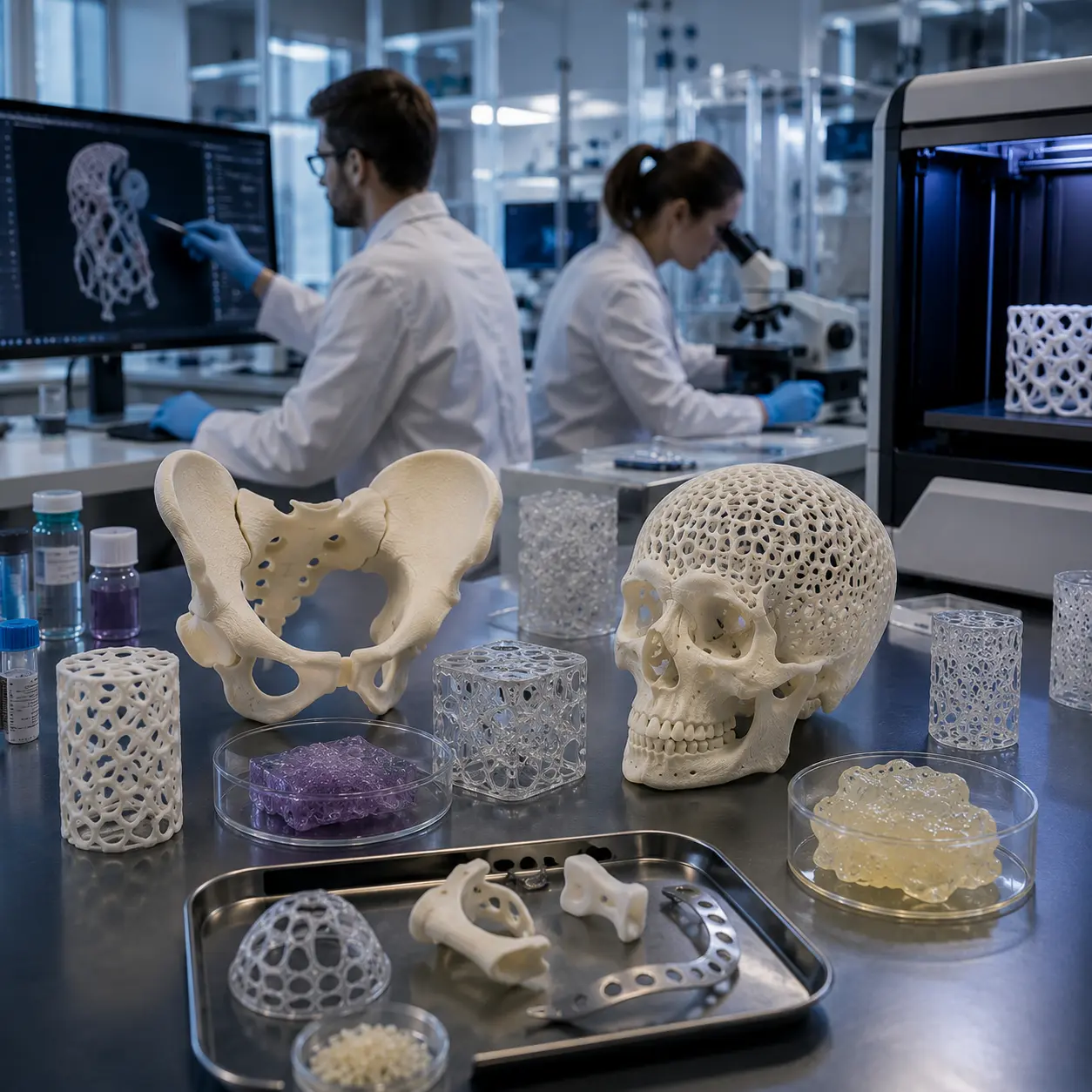 Équipements de recherche médicale avec imprimante 3D, logiciels de modélisation, biomatériaux et prototypes anatomiques utilisés pour le développement et la validation de dispositifs médicaux.