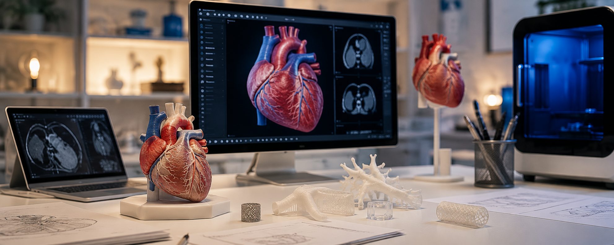Poste de travail de cardiologie avec modélisation 3D du cœur, modèles anatomiques imprimés en 3D et outils de planification pour la préparation d'interventions cardiovasculaires.