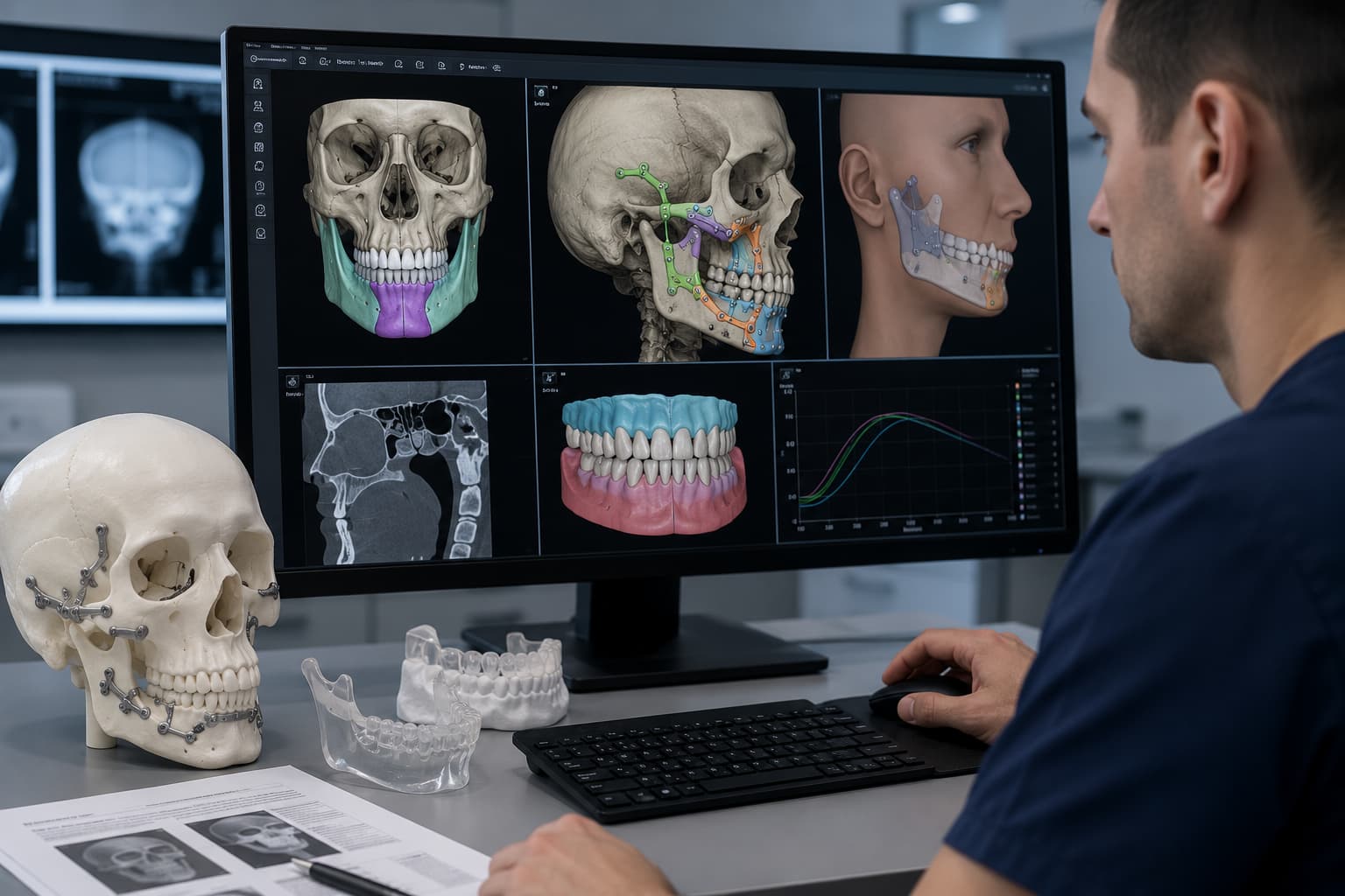 Planification 3D d'une intervention de chirurgie maxillo-faciale sur écran avec reconstruction numérique du crâne, modèles anatomiques et simulation chirurgicale.