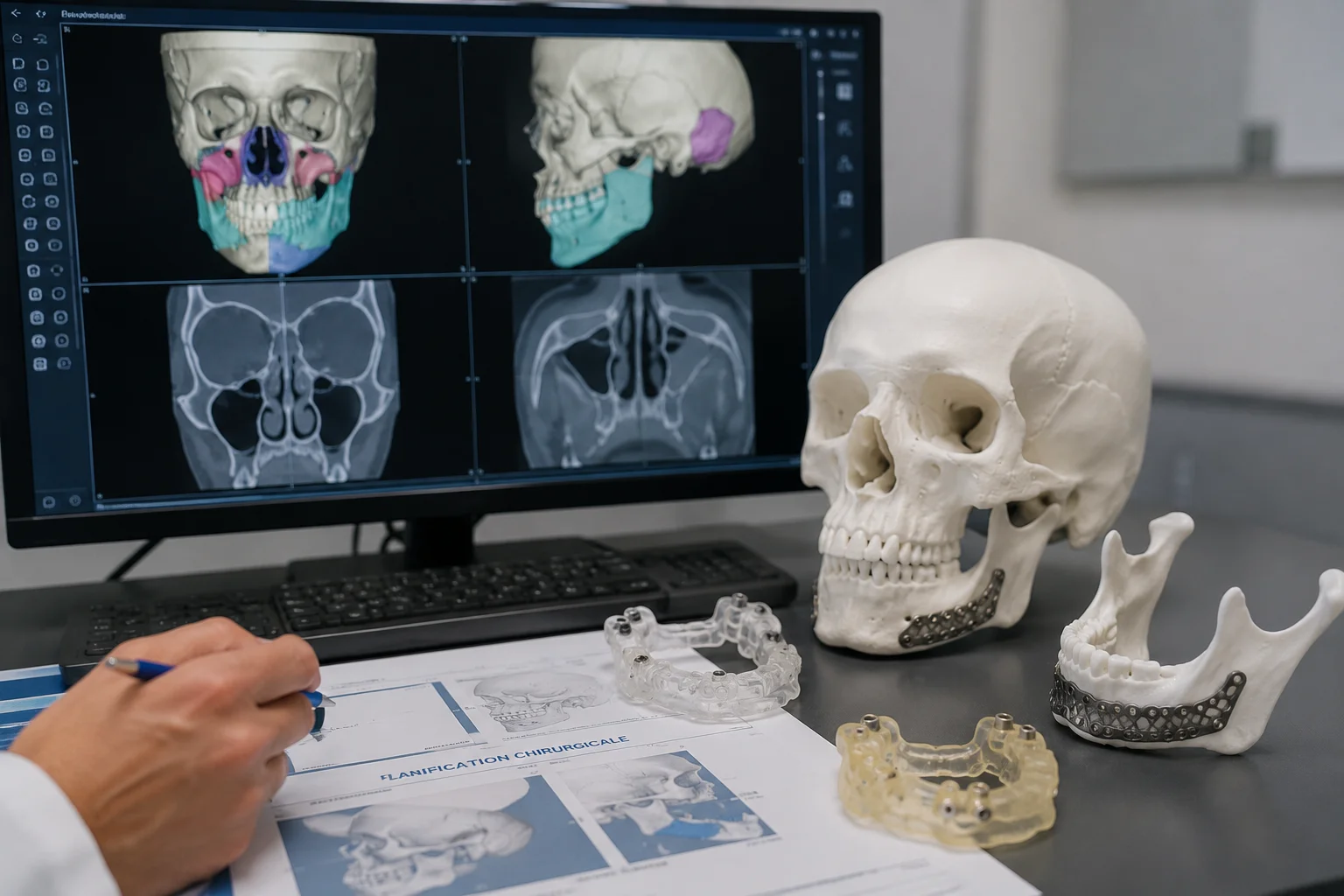 Planification 3D d'une chirurgie ORL avec scanner, modèle anatomique et guides chirurgicaux imprimés en 3D.