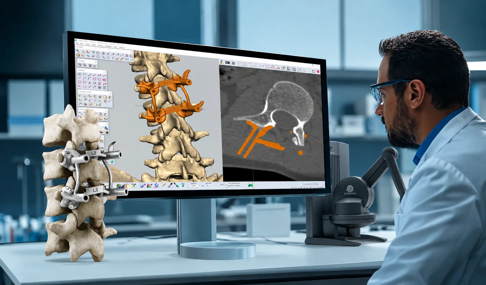 Ingénieur biomédical concevant un guide chirurgical personnalisé pour la colonne vertébrale à l'aide d'un système haptique et d'un logiciel de modélisation 3D.