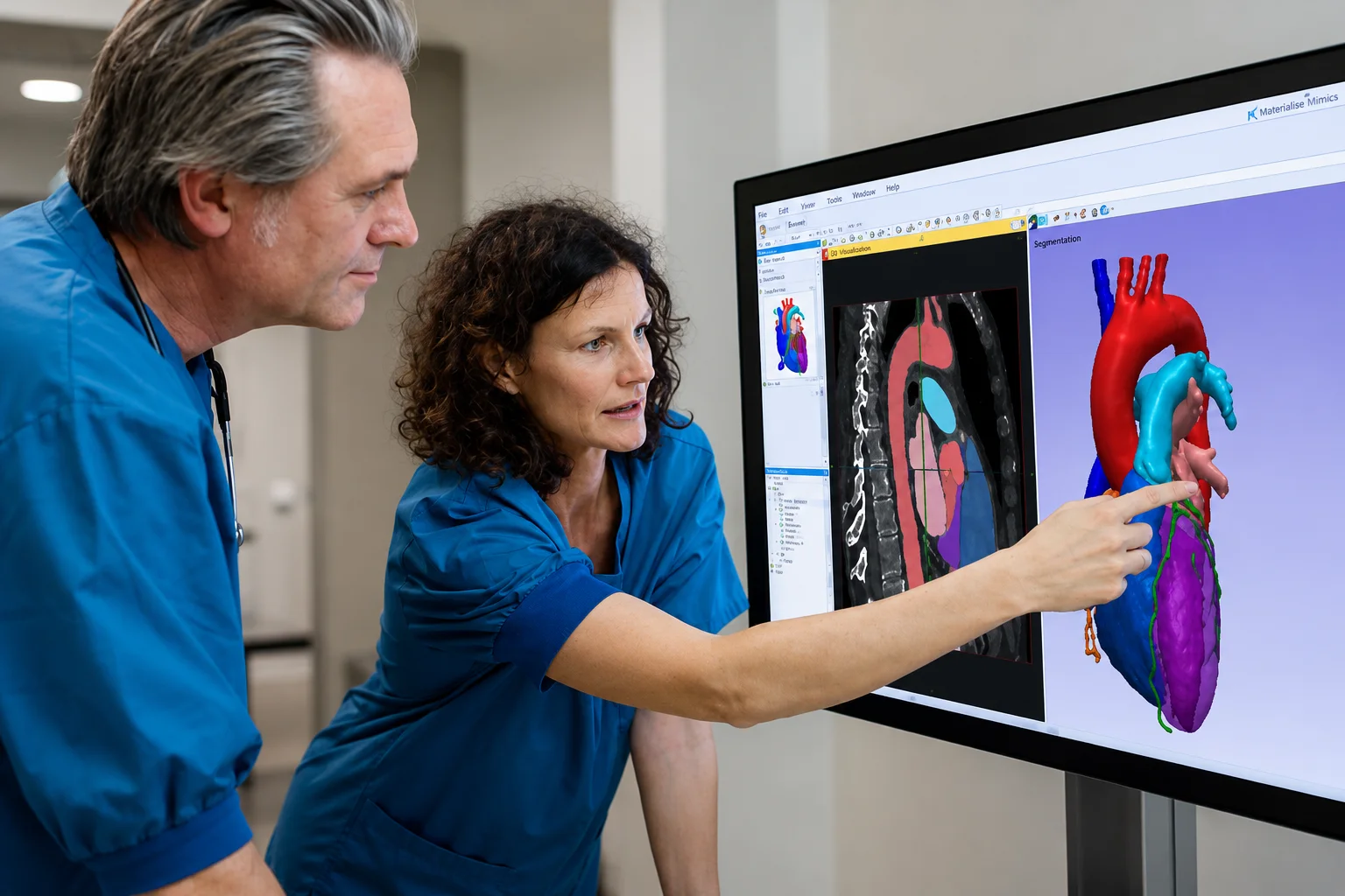 Professionnels de santé analysant un modèle cardiaque 3D issu d'un scanner pour préparer une intervention médico-chirurgicale personnalisée.