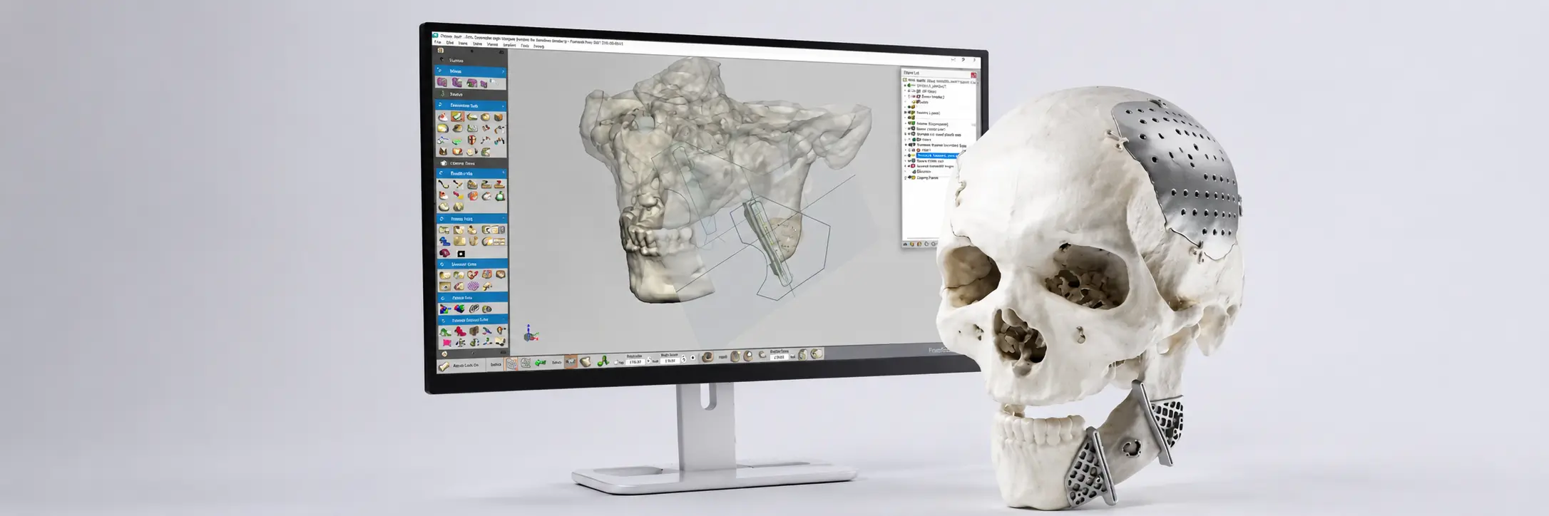 Modèle de crâne avec implant crânien personnalisé devant un logiciel de planification chirurgicale 3D affiché sur un écran dans un environnement médical.