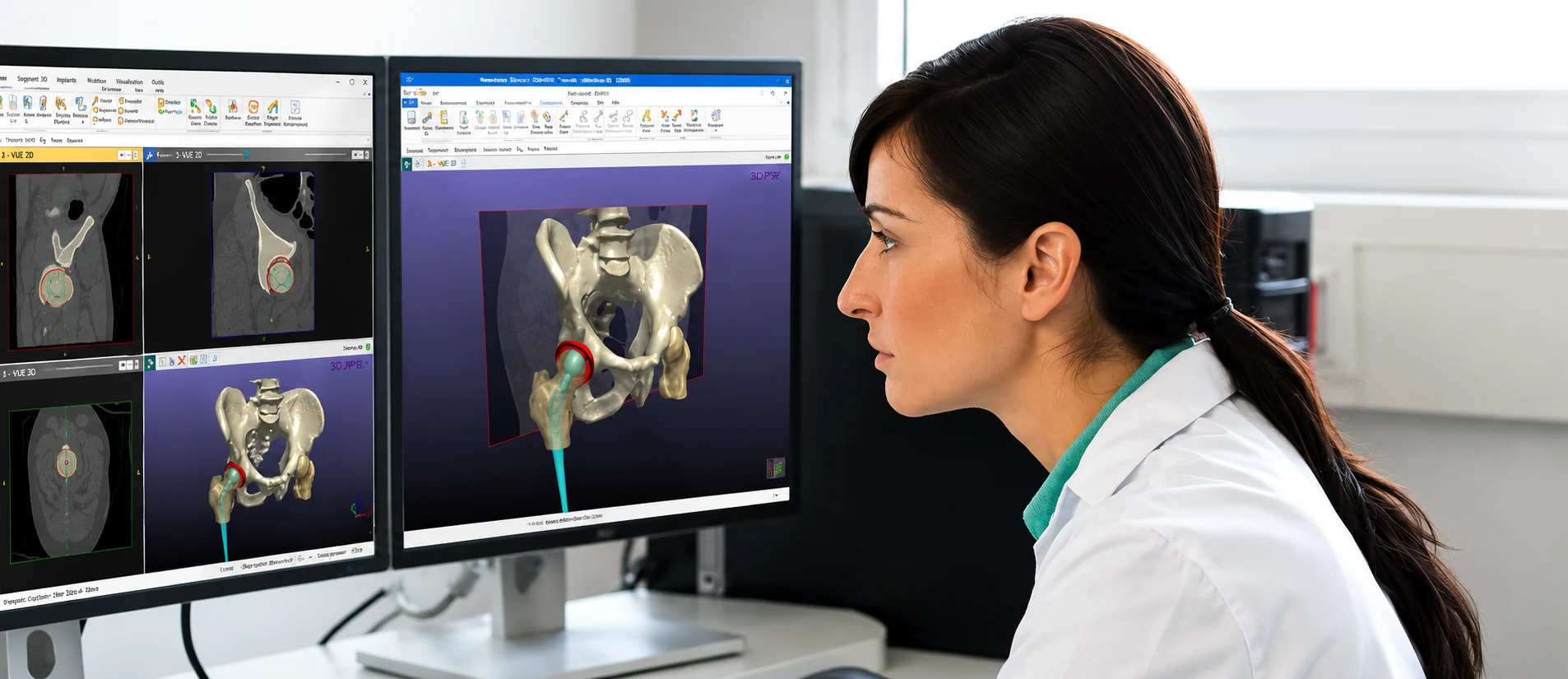 Ingénieure biomédicale analysant un scanner et un modèle 3D de la hanche pour planifier un implant orthopédique personnalisé.