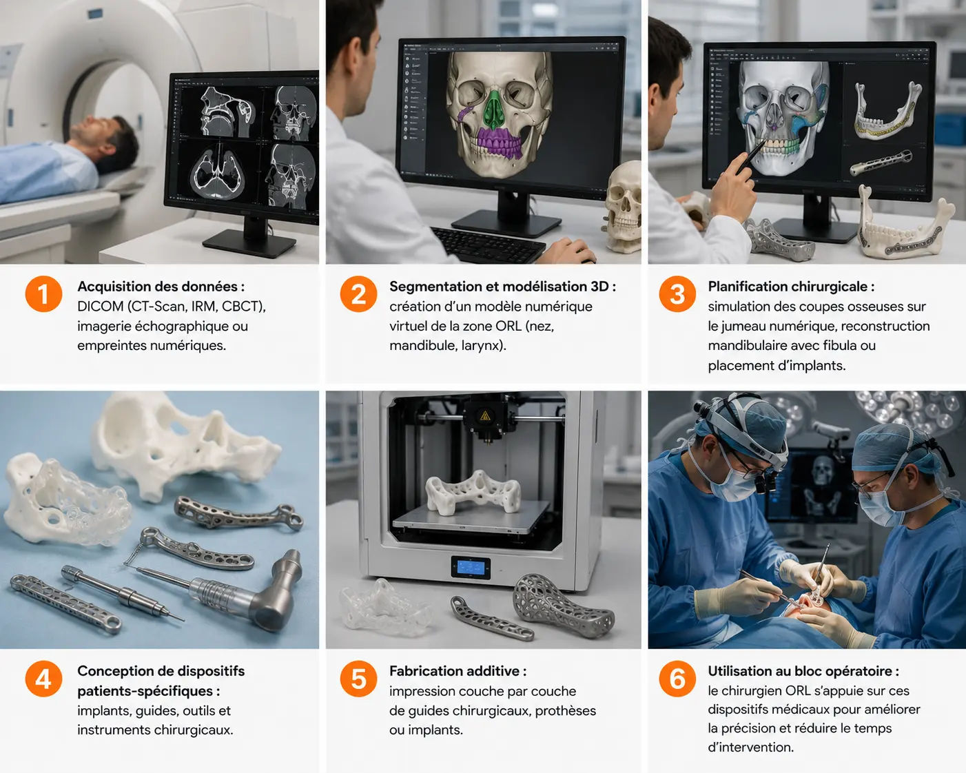 Illustration des étapes de l’impression 3D en chirurgie ORL : acquisition des données médicales, modélisation 3D, planification chirurgicale, conception de dispositifs personnalisés, fabrication additive et utilisation au bloc opératoire.