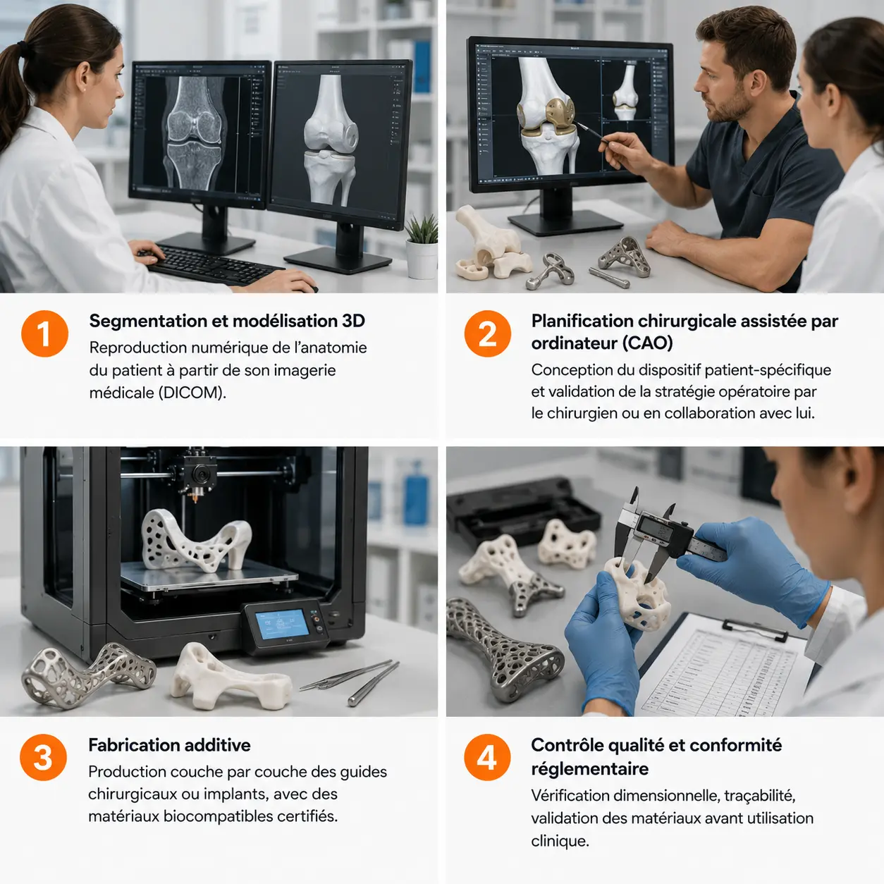 Illustration des étapes du processus numérique en chirurgie orthopédique : segmentation 3D, planification chirurgicale assistée par ordinateur, fabrication additive et contrôle qualité des dispositifs médicaux.