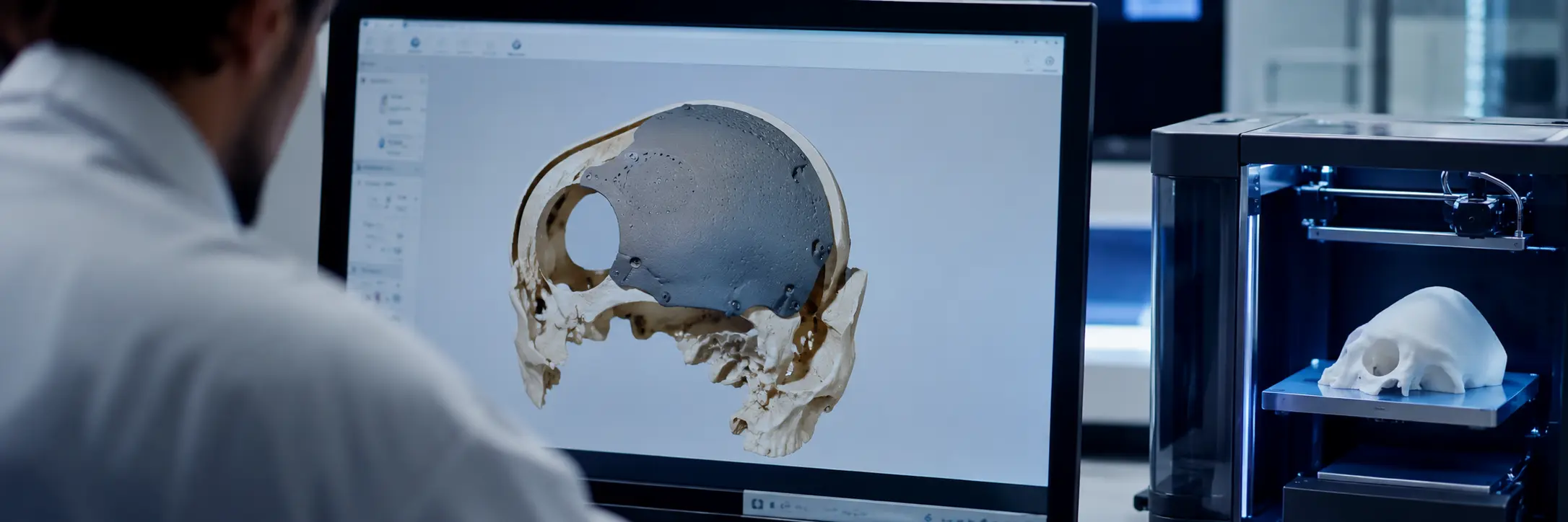 Ingénieur biomédical réalisant le prototypage 3D d’un modèle anatomique sur ordinateur à côté d’une imprimante 3D médicale dans un laboratoire.