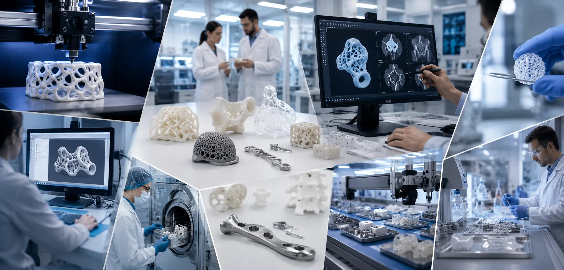 Étapes de recherche et développement en fabrication additive médicale montrant la modélisation 3D, l’impression 3D, les prototypes, les tests et la validation de dispositifs médicaux innovants.