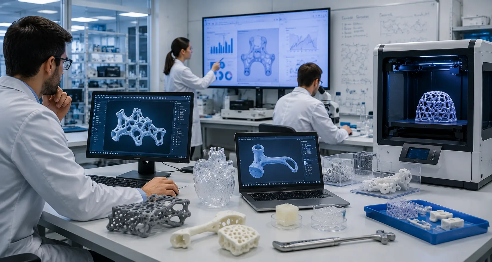 Laboratoire de recherche et développement médical utilisant des logiciels de modélisation 3D, une imprimante 3D et des prototypes anatomiques pour concevoir et tester des dispositifs médicaux innovants.
