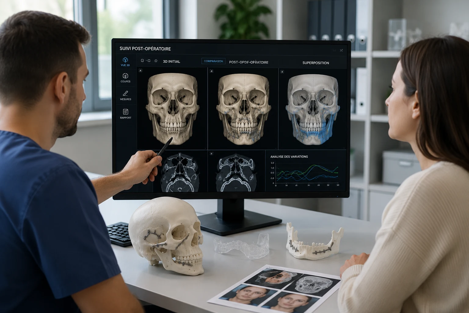 Chirurgien présentant à un patient les résultats d'une chirurgie maxillo-faciale à l'aide d'une comparaison 3D entre la planification préopératoire et le résultat obtenu.