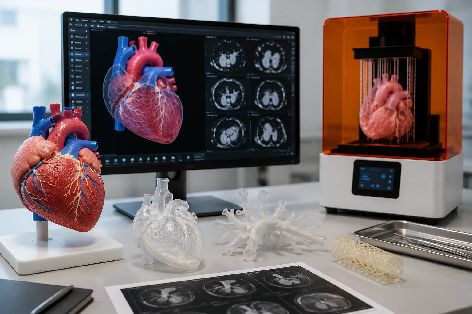 Modèle anatomique de cœur imprimé en 3D avec logiciel de modélisation cardiaque et imprimante 3D médicale pour la planification d'une chirurgie cardiovasculaire.