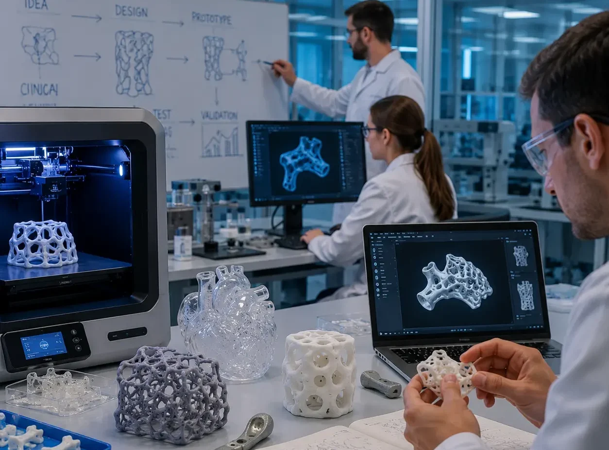 Chercheurs développant des prototypes de dispositifs médicaux avec des logiciels de modélisation 3D et une imprimante 3D dans un laboratoire de R&D médicale.