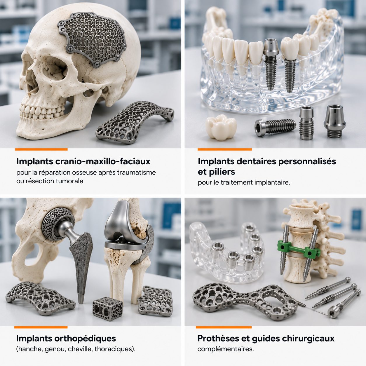 Présentation des principaux types d’implants 3D patients-spécifiques : implant cranio-maxillo-facial, implants dentaires personnalisés, implants orthopédiques et guides chirurgicaux sur mesure.