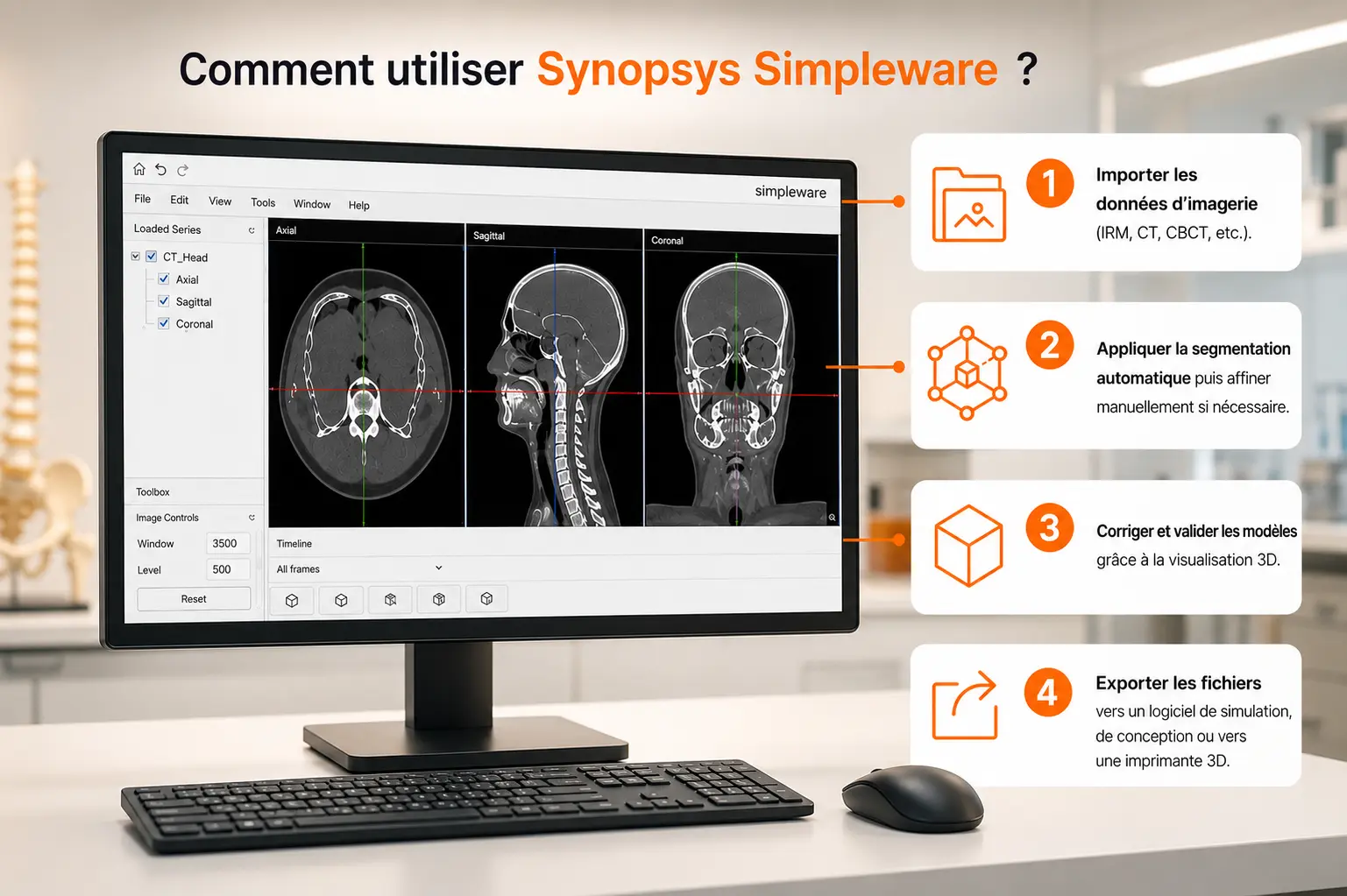 Interface de Synopsys Simpleware illustrant les étapes de segmentation d'images médicales, de validation 3D et d'export des modèles vers la simulation ou l'impression 3D.