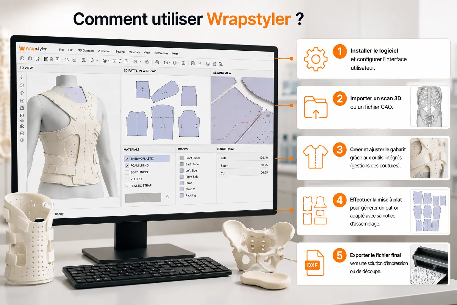 Interface de Wrapstyler illustrant les étapes de création d’un patron à partir d’un scan 3D, de l’ajustement des coutures jusqu’à l’export vers l’impression ou la découpe.