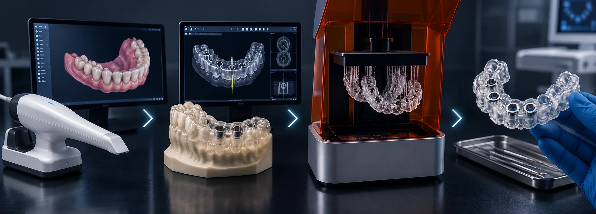 Workflow numérique de l’impression 3D en chirurgie dentaire avec scanner intra-oral, modélisation 3D, planification implantaire, impression en résine et guide chirurgical personnalisé.