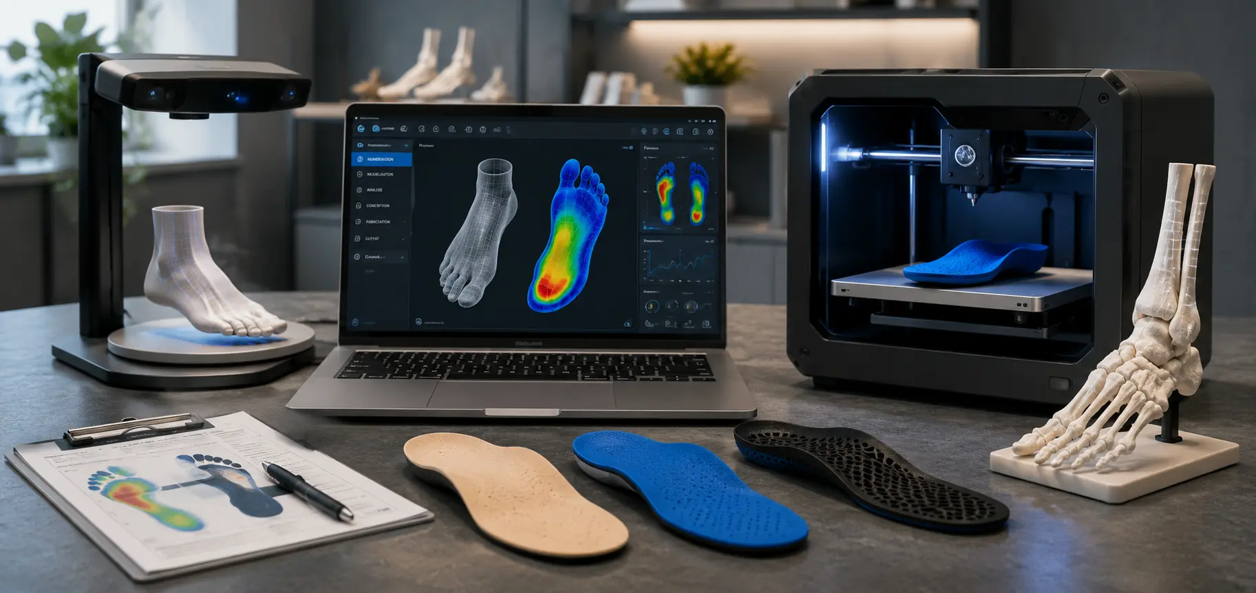 Flux de travail numérique en podologie avec scanner 3D du pied, modélisation de semelles orthopédiques et impression 3D de dispositifs personnalisés.