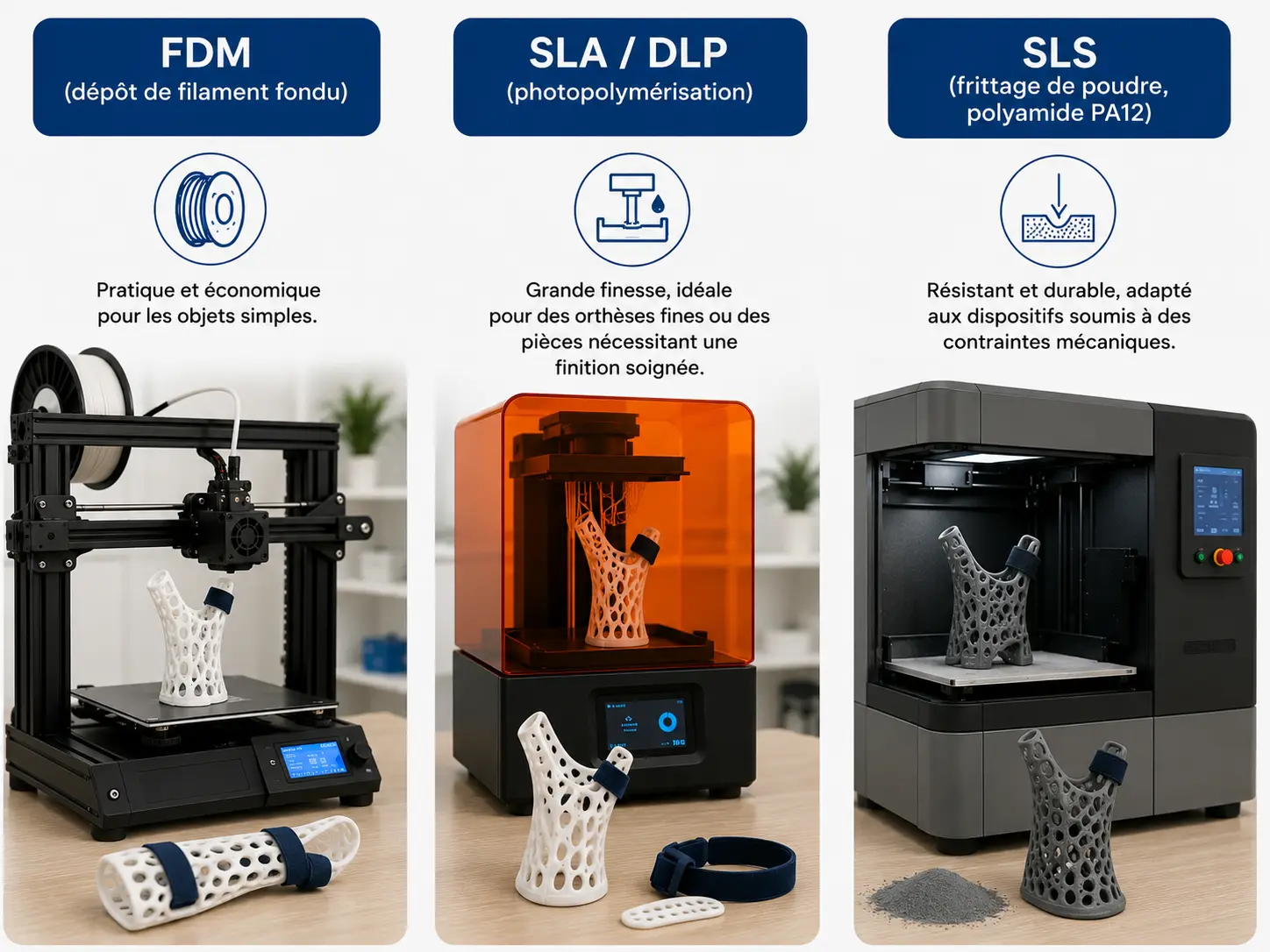 Techniques FDM, SLA DLP et SLS pour l’impression 3D d’attelles de main et de pouce